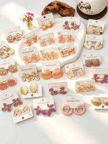 4/8/16/24pcs Sweet Pink & Purple Enamel Stainless Steel Earrings - Elegant Women's Accessories - Party Jewelry - Fashion Women's Earrings - Multicolor - View 5