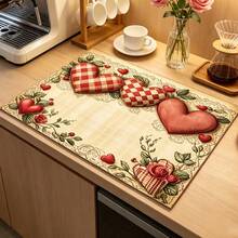 1pc Dish Drying Mat, Coffee Machine Mat, Vintage Heart Rose Print Dish Drying Mat, Suitable For Kitchen Dish Drying, Bar Counter Cup Placement, Romantic Atmosphere, Valentine's Day Confession Anniversary Table Decoration, Multi-Purpose Drying Mat, Home Gift, Desktop Decoration - XYLSD-1042 - View 3