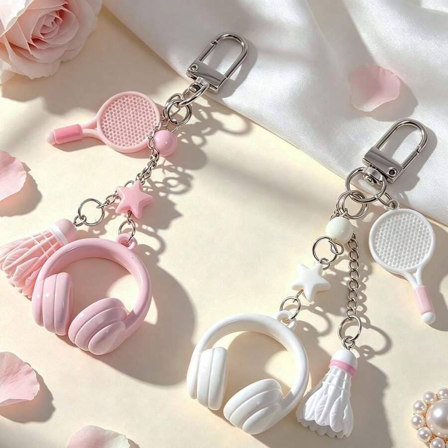 2pcs Aesthetic Sports Style Resin Keychains, Earphone & Badminton Racket Pendant Charms With Star Decoration, Cute Door Ring Clasp, Suitable For Daily Bags And Keys - Multicolor - View 1
