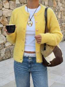 Women's Casual Solid Color Sweater, Autumn/Winter - Yellow - View 3