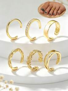 6pcs Women's Fashion Floral Single Row Micro-Pave Cubic Zirconia Open Adjustable Toe Rings Foot Jewelry Set, Suitable For Daily Wear, Shopping, Water Park, Outdoor Party, Layering Occasions - 6 Items - View 6
