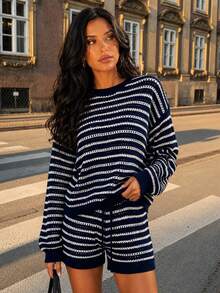 YuwenierPOP Bohemian Style Casual Deep Blue & White Striped Hollow Knit 2-Piece Set, Round Neck Long Sleeve Loose Top With Drawstring Elastic Shorts, Vacation Autumn Campus Style - Navy Blue - View 3