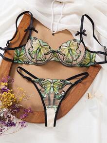 1 Set 2pcs Women's Embroidered Floral Butterfly Lingerie, Comfortable Home Style Ultra Short Top And Thong, Valentine's Day Gift - Green - View 3