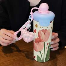 1PC 600ML Stylish Floral, Simple Floral, Heart Bow Pattern Stainless Steel Cup, Double-Use Coffee Cup, Portable Straw Cup, Lanyard , Suitable For Office, Home, Gift Recommendation, Coffee/Milk/Tea - Multicolor - View 12