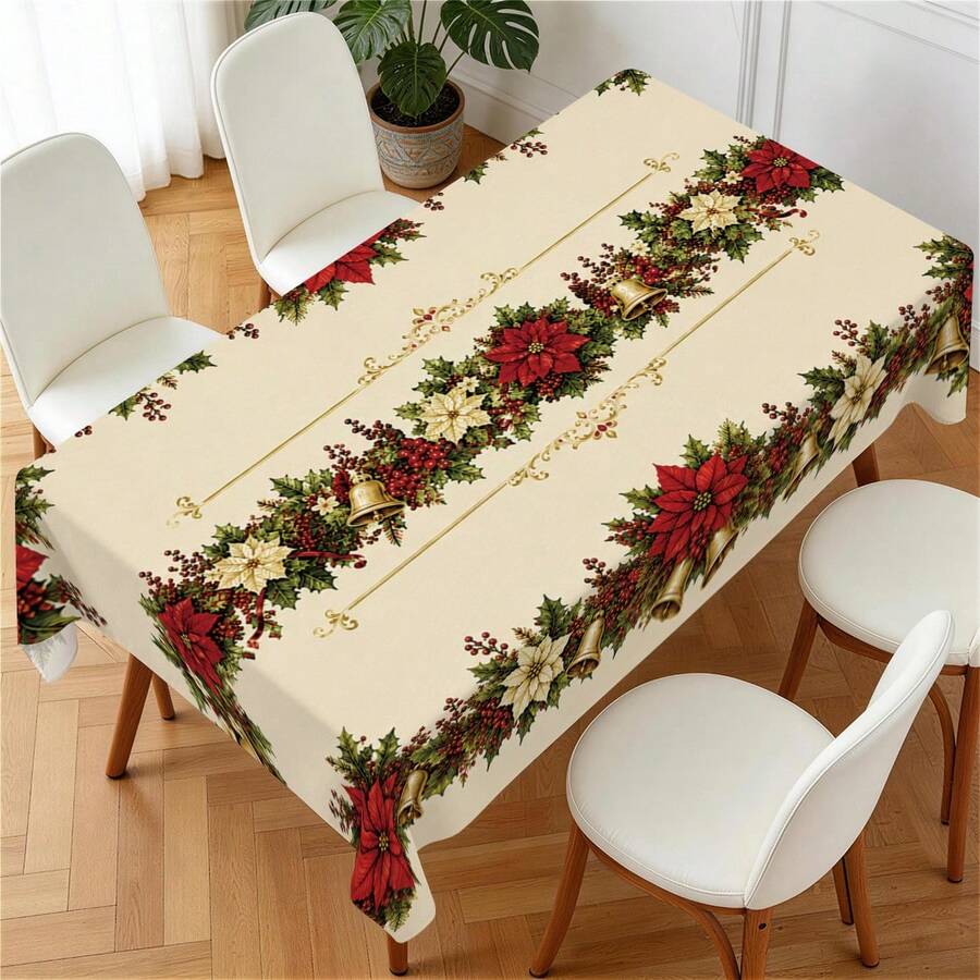 1pc Red Christmas Tablecloth, Christmas Flower Gold Bell Holly Red Berry Print Pattern, Polyester Material Single-Sided Print, Suitable For Tabletop, Washable And Reusable, Suitable For Indoor, Outdoor, Patio, Wedding, Banquet, Party, Outdoor Dining, Suitable For Craft Exhibition, Banquet Event Decoration - Multicolor - View 1