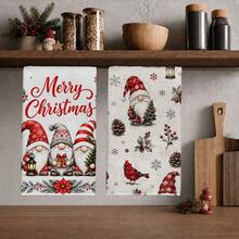 2pcs Christmas Vintage Gnome And Red Cardinal Pattern Kitchen Towels, Rectangular Microfiber Kitchen Towels, Dish Cloths, Scouring Pads, Hand Towels, Cooking Baking Tea Towels, Christmas Kitchen Decor, Housewarming Gift, Birthday Gift, Bathroom Cleaning Cloths, Decorative Towels - White - View 1