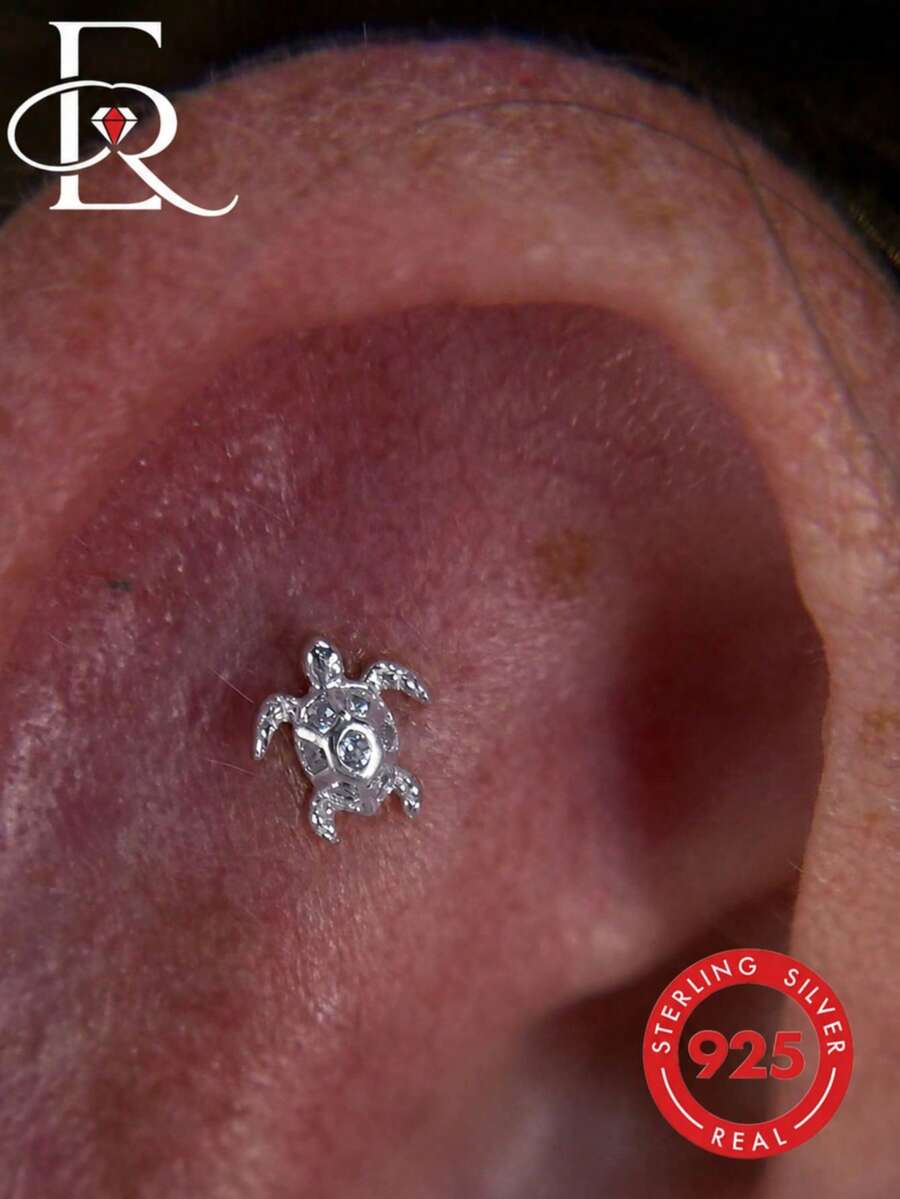 EleRunis 1pc 925 Sterling Silver Miniature Turtle Flat Back Labret/Earring, Suitable For Earlobe, Ear Cartilage, Conch, Lip, Ear Helix, Threaded Piercing Delicate Jewelry, Suitable For Daily Wear And Party - Silver - View 1