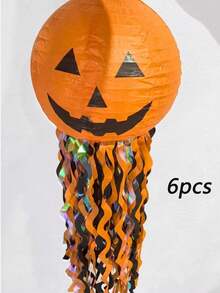 Halloween Tassel Paper Lantern, Orange Pumpkin Face Design, With Tassels, Foldable For Easy Storage. Can Be Hung From Ceiling, Used For Indoor Home, Halloween Party Decoration, Strong Atmosphere, Common Hanging Decoration For Halloween Themed Parties. - Multicolor - View 10