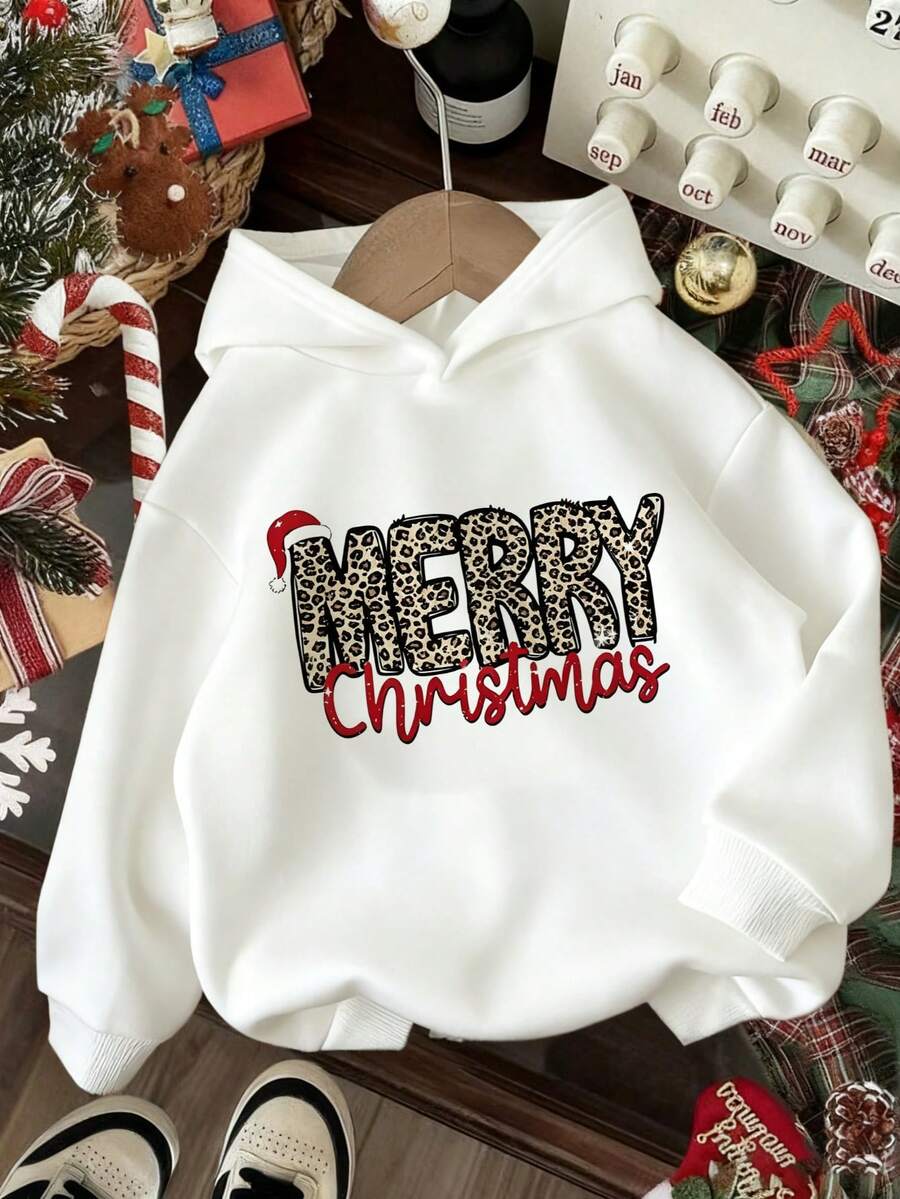 Christmas-Tween Girl Fun Print Sweatshirt, Warm And Comfortable Thermal Lined Hooded Pullover For Autumn/Winter - White - View 1