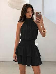 Elegant Fashionable Black Halter Neck Backless Layered Ruffle Mini Dress - Wedding Party Fall - Black - View 10