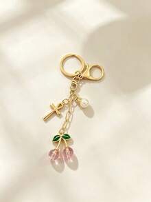 Cherry Pearl Anka Cross Keychain, Niche Exquisite Bag Charm, Portable Accessory, French Cherry Pendant Key Chain, Faux Pearl Cross Pendant, Girl's Backpack Decoration - Cherry Pearl Cross - View 4