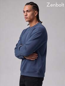 Zenbolt Men Crew Neck Pullover Sweatshirt, Relaxed Fit Long Sleeve Top, Soft Plain Knit Casual Basic Outfit For Daily Matching - Navy Blue - View 1