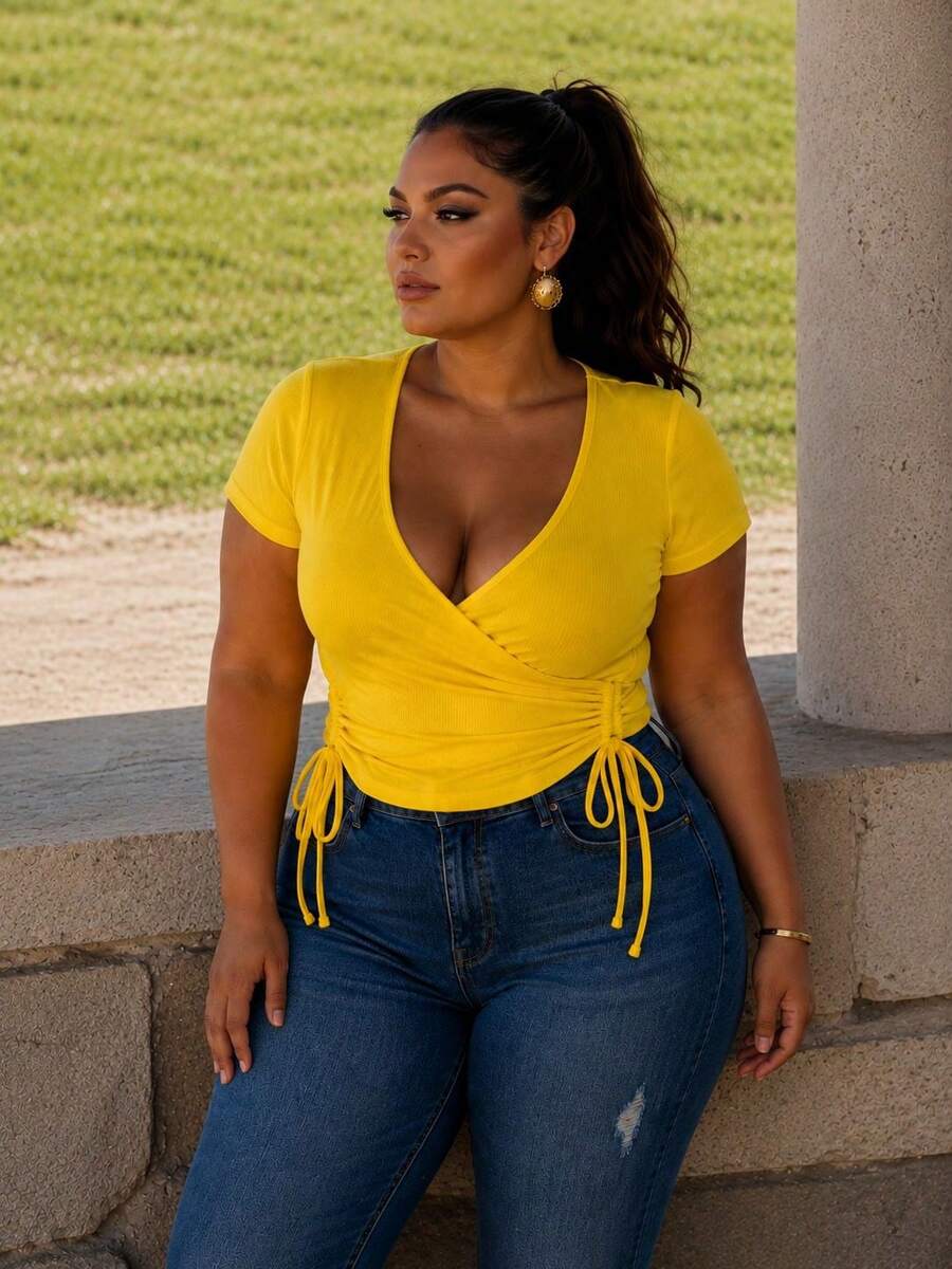 CURVY DOUBLE PATCH SIZE BLOUSE MOD. NALA - Yellow - View 1