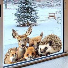 1pc Christmas Snowy Landscape Animal Window Sticker, Deer Fox Hedgehog Christmas Tree Snow Scene Glass Decor Sticker - Multicolor - View 3