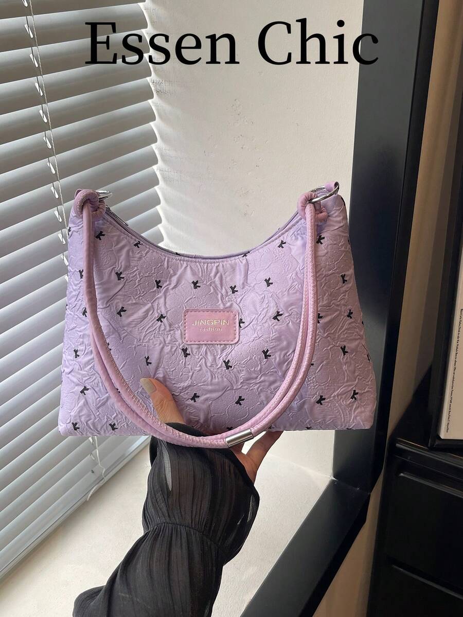 1件紫色印花蝴蝶結裝飾尼龍半月形女款單肩包