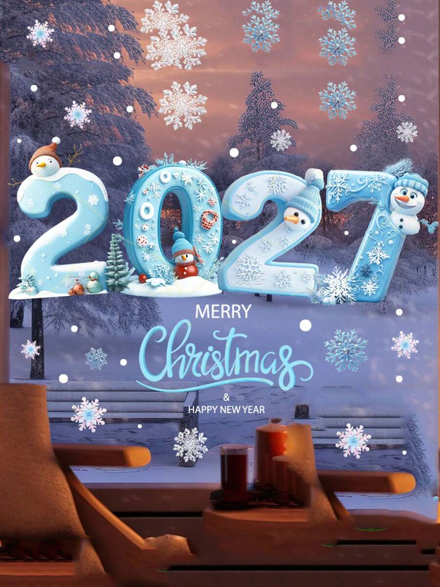 قطعة واحدة ملصق نافذة عيد الميلاد 2027، ملصق زجاجي بالالتصاق الساكن، نمط رجل الثلج والندفة الثلجية وشجرة عيد الميلاد، مناسب للنوافذ والجدران وغيرها، مثالي لديكور حفلة الشتاء وديكور عيد الميلاد - متعدد الألوان - مشاهدة 1
