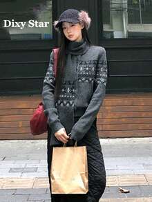 Women's Jacquard Knit Cardigan Sweater, Autumn/Winter New Scarf Style Commuter Top (Random Pattern) - Grey - View 2