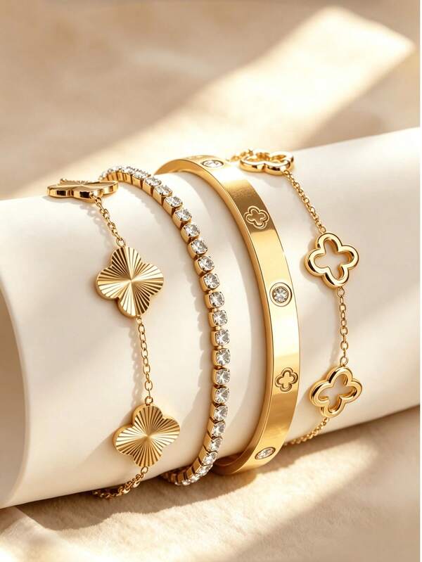 1pc/4pcs Vintage Four-Leaf Clover Layered Bracelet, 18K Gold Plated Stainless Steel Bangle, Exquisite Luxury Jewelry Set, Suitable For Daily, Wedding, Party Wear