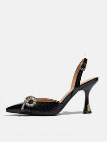 Sepatu hak tinggi wanita model slingback dengan hiasan pita berlian imitasi, warna hitam mengkilap, bahan payet, bagian belakang terbuka, cocok untuk pesta, pernikahan, acara malam hari, perjamuan, musim semi, musim panas, musim gugur, dan musim dingin. - Hitam - View 5