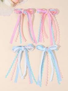 4Pcs Plaid Bow Tassel Hair Clips For Girls Flower Girl Wavy Ribbon Alligator Clips Sweet Daily Party Girls Hair Accessories Hair Accessories For Kids - Multicolor - View 3