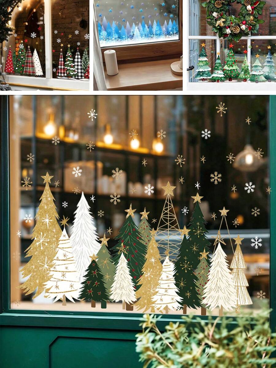 1pc/2pcs/3pcs Christmas Tree Static Cling Window Sticker, Luxury Gold White Green Xmas Tree With Golden Star , Decor For Home, Shop,Indoor Xmas Party - Multicolor - View 1