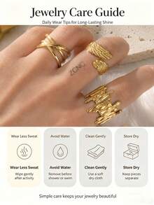3pcs Open Adjustable Stainless Steel 18K Gold Plated Geometric Angel Wing Ring Set, Suitable For Daily Wear And Party Outfits - Gold - View 2