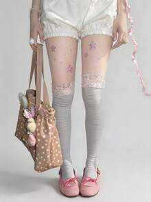 STAR RIVER 1 Pair Autumn/Winter Subculture Retro Mint Green & Grey Striped Polka Dot Contrast Lace Trim Over-The-Knee Socks, Sweet & Cool Y2K - Multicolor - View 6