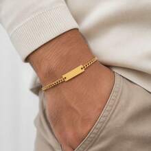 1pc Fashion Simple Rectangular Bar Golden/Silvery Stainless Steel Chain Bracelets For Men - Long Plate Bracelet - View 4