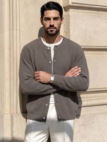 26 New Solid Color Vintage Textured Round Neck Cardigan, Unisex Long Sleeve Sweater Jacket, Khaki Short Open Front Sweater For Autumn & Winter - Khaki - View 3