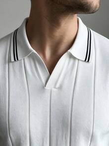 男士短袖羅紋海鷗領針織毛衣，適合日常穿著、通勤與休閒 - 白色 - 查看 2