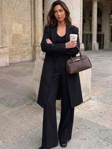 Women's Black Long Blazer Coat, Classic Notch Lapel Single-Breasted Design, Draping Structured Fabric, Loose Drop Shoulder Fit, Commuter Style Mid-Length Blazer Jacket, Early Autumn Slimming Top - Black - View 4
