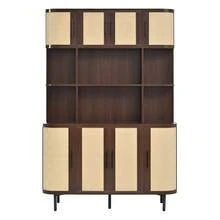 Tall Cabinet, Sideboard With Rattan Front, MDF Body, 8 Doors, Black Handles, Iron Legs, Modern Design Storage Unit - Walnut + Beige - View 4