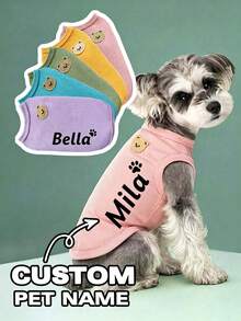 Personalized Dog T-Shirt, Customized Name And Paw Print Design, Suitable For Small/Medium Dogs And Cats, Comfortable All-Season Pet T-Shirt Vest, Perfect Gift For Pet Lovers, Customizable Fabric, Dog Clothes - Multicolor - View 1