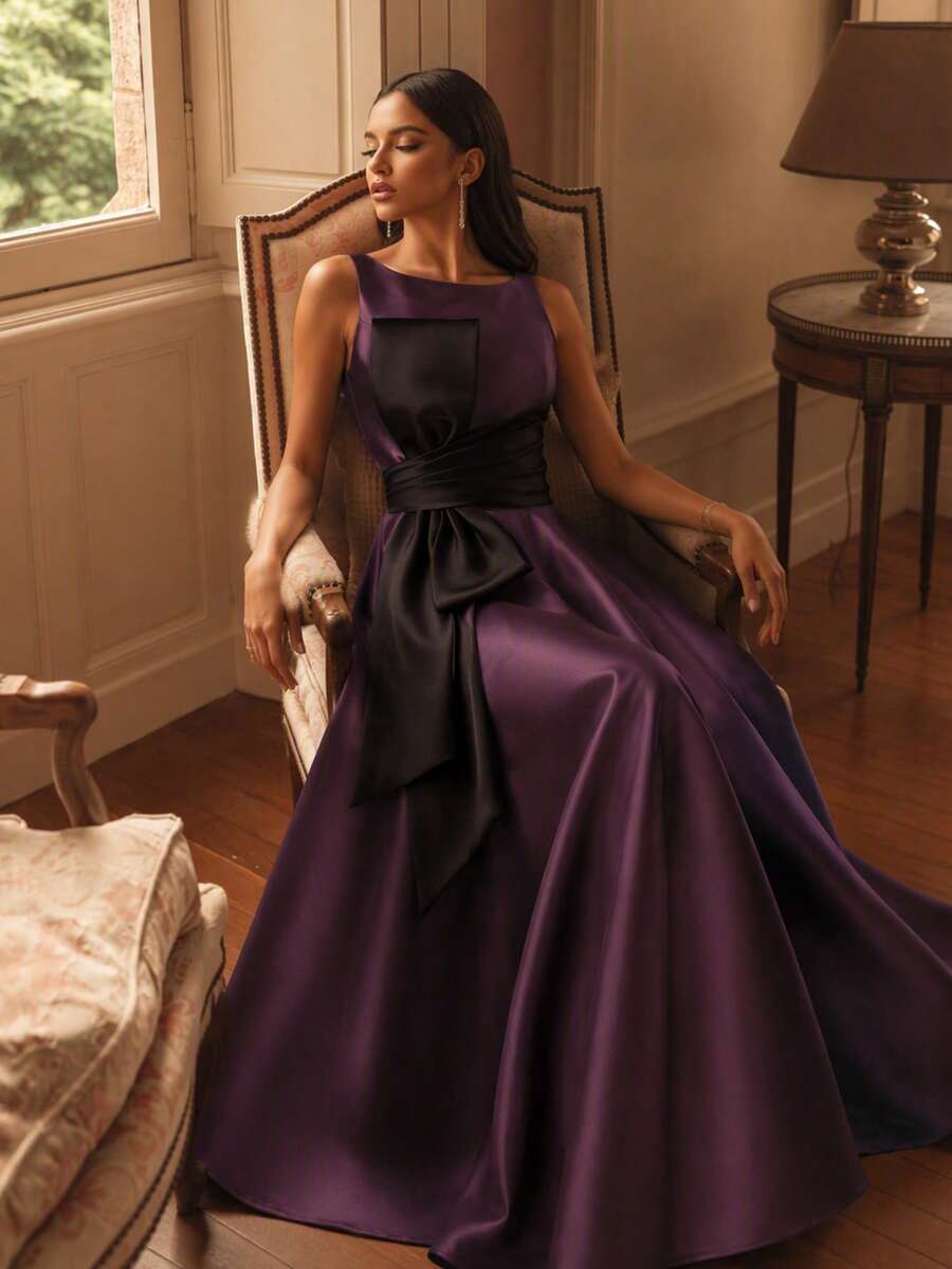Smilprince Elegant Purple Sleeveless Bow Waist A-Line Satin Midi Dress Fall Wedding Party - Purple - View 1