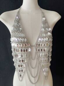 ZHENGHEN Shiny Transparent Crystal Halter Body Chain Top, Multi-Layer Silver Chain Fringe Chest Body Chain, Nightclub Festival Party Outfit Body Jewelry - Silver - View 4