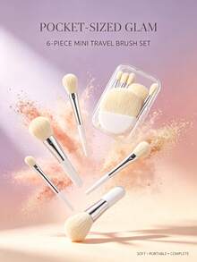 Luxurious Mini Portable Travel Makeup Brush Set, 6pcs Mini Eyeshadow, Blush, Powder, Highlighter, Brow Powder Makeup Tools - Multicolor - View 2