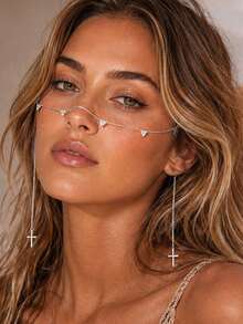XYHEALER 1pc Women's Silver Rhinestone Face Chain, Crystal Triangle Cross Face Jewelry With Long Draping Chain, Party Holiday Festival Personalized Accessory - Multicolor - View 8
