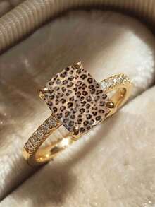 1pc European & American Vintage Luxury Y2K Hot Girl Style Copper Inlaid Rhinestone Leopard Print Ring, High-End Personalized Jewelry For Women, Suitable For Daily Wear, Autumn/Winter, Clubbing, Party, Outfit Styling - Gold - View 2