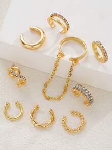 17KM 9pcs Simple Fashion Metal Geometric Asymmetrical 8-Shaped Rhinestone Ear Clips Earrings Set For Women, Sisters, Vacation, Date, Gift, Casual Daily Wear - Yellow Gold - View 4