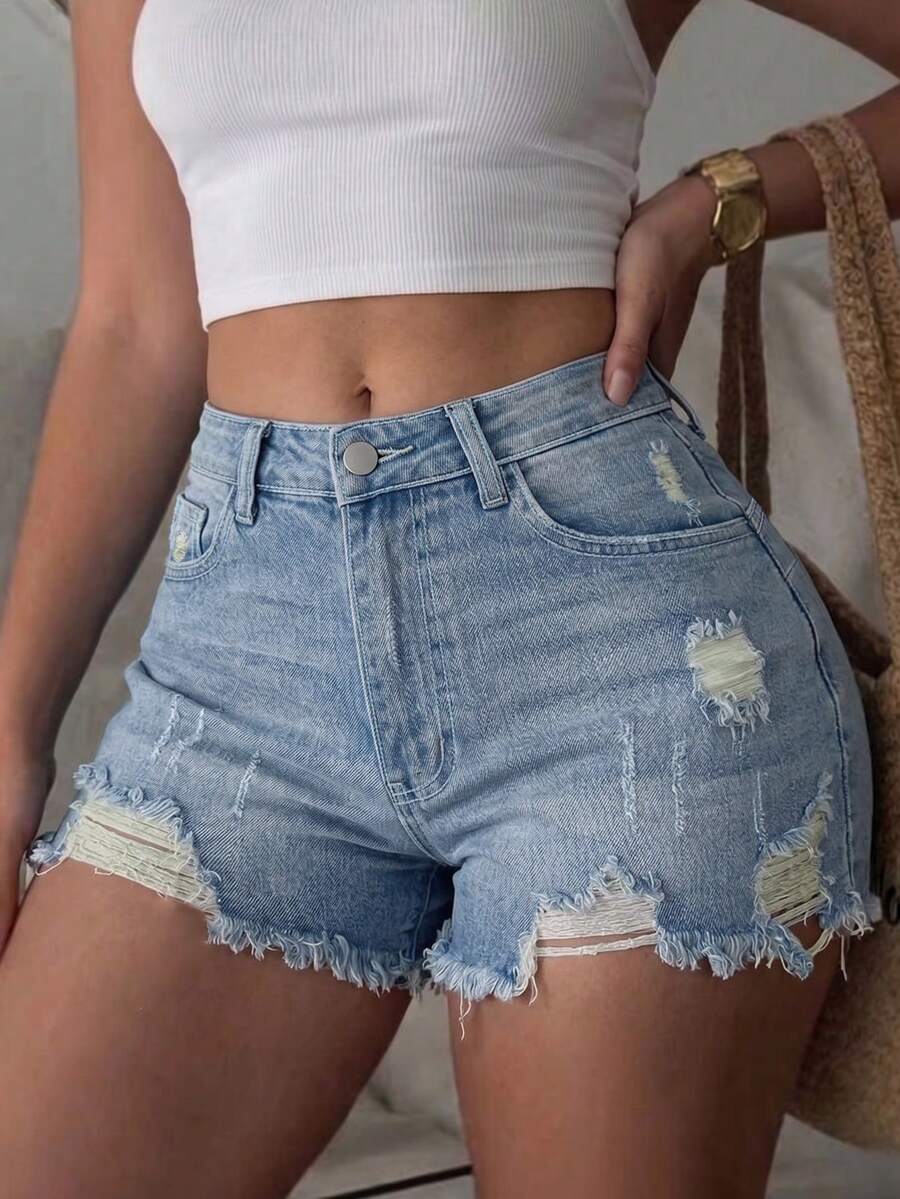 Women's Summer Fashion Streetwear Style Washed Distressed Denim Shorts, Comfortable Fit - Blue - View 1