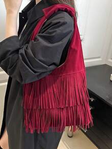 純色麂皮啞光女款 2026 新款流蘇單肩包 時尚大容量實用托特包 百搭腋下包 - 酒紅色 - 查看 5