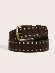 Hershine 1pc Vintage Distressed Gold Rivet Decor Brown Suede Women's Belt, Western Hot Girl Style Faux Suede Material Buckle Belt, Double Row Rivet Cool Design, Vintage Bronze Buckle Faux Suede Texture Belt, Personalized Double Row Rivet Decoration, Flattering Waistline Enhancing Outfit Atmosphere, Versatile Accessory For Jeans And Dresses, Suitable For Spring And Autumn Daily Wear - Brown - View 2