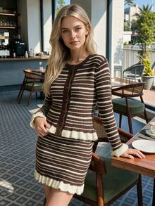 Women's Elegant Autumn Brown & White Striped Knit 2 Pieces Set, Long Sleeve Ruffle Cardigan & Mini Skirt, Party Casual Outing Outfit - Multicolor - View 6