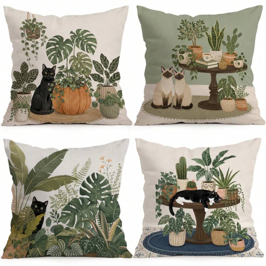 4pcs/1pc Green Plant Cat Pattern Pillow Case Without Insert, Single-Sided Printed Pillow Case, Suitable For Living Room Bedroom Home Decor, All-Season Pillow Case - Multicolor - View 1