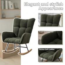 Teddy Fabric Rocking Chair With Pocket, Soft Rocking Chair For Nursery, Comfy Wingback Golider Rocking Chair With  Solid Wood Base, Living Room - Dark Green - View 6