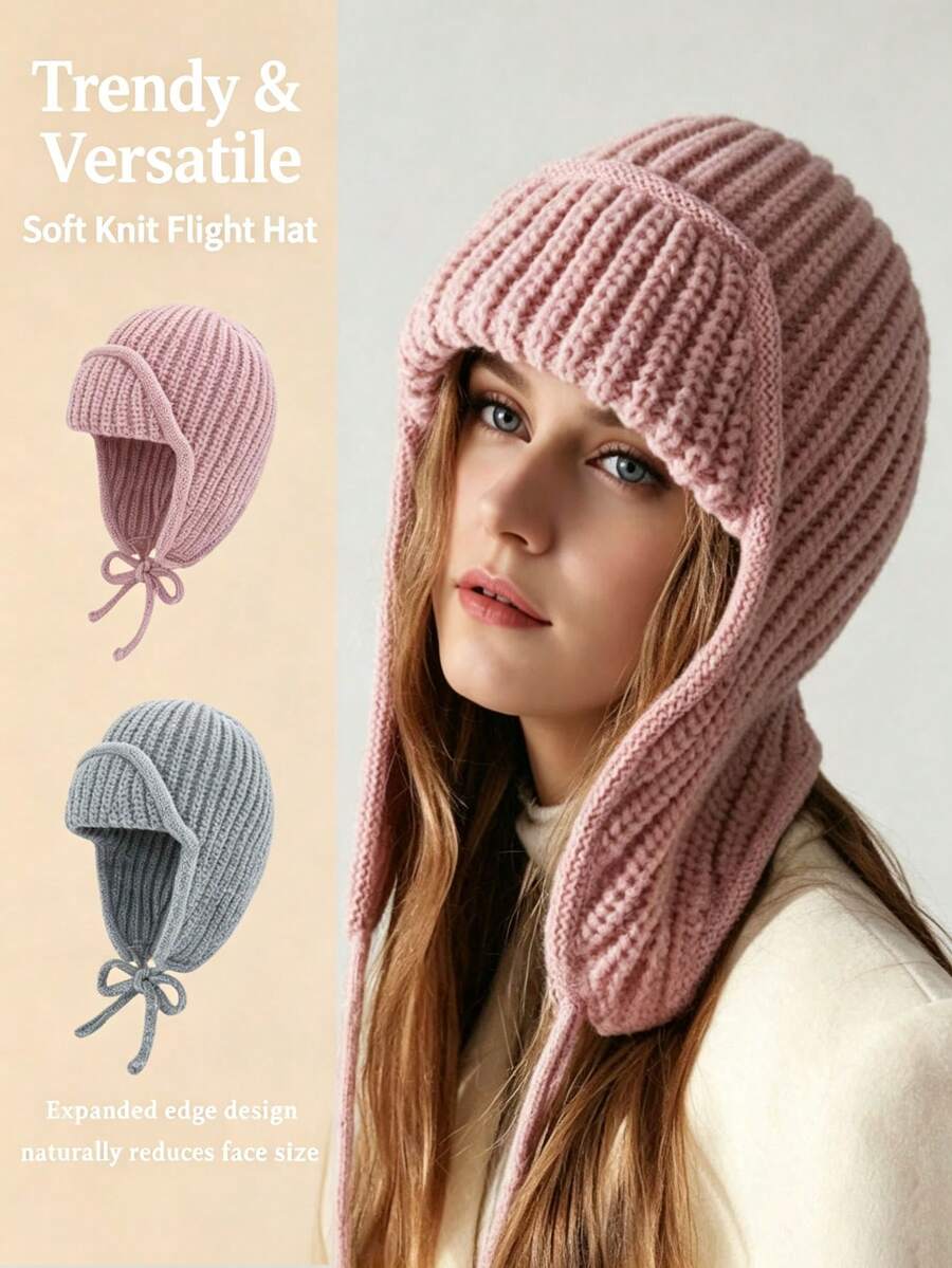 1pc Women's Solid Color Ribbed Soft Knit Ear-Covering Warm Fashion Beanie Hat, Suitable For Autumn/Winter Outdoor And Daily Wear - Multicolor - View 1