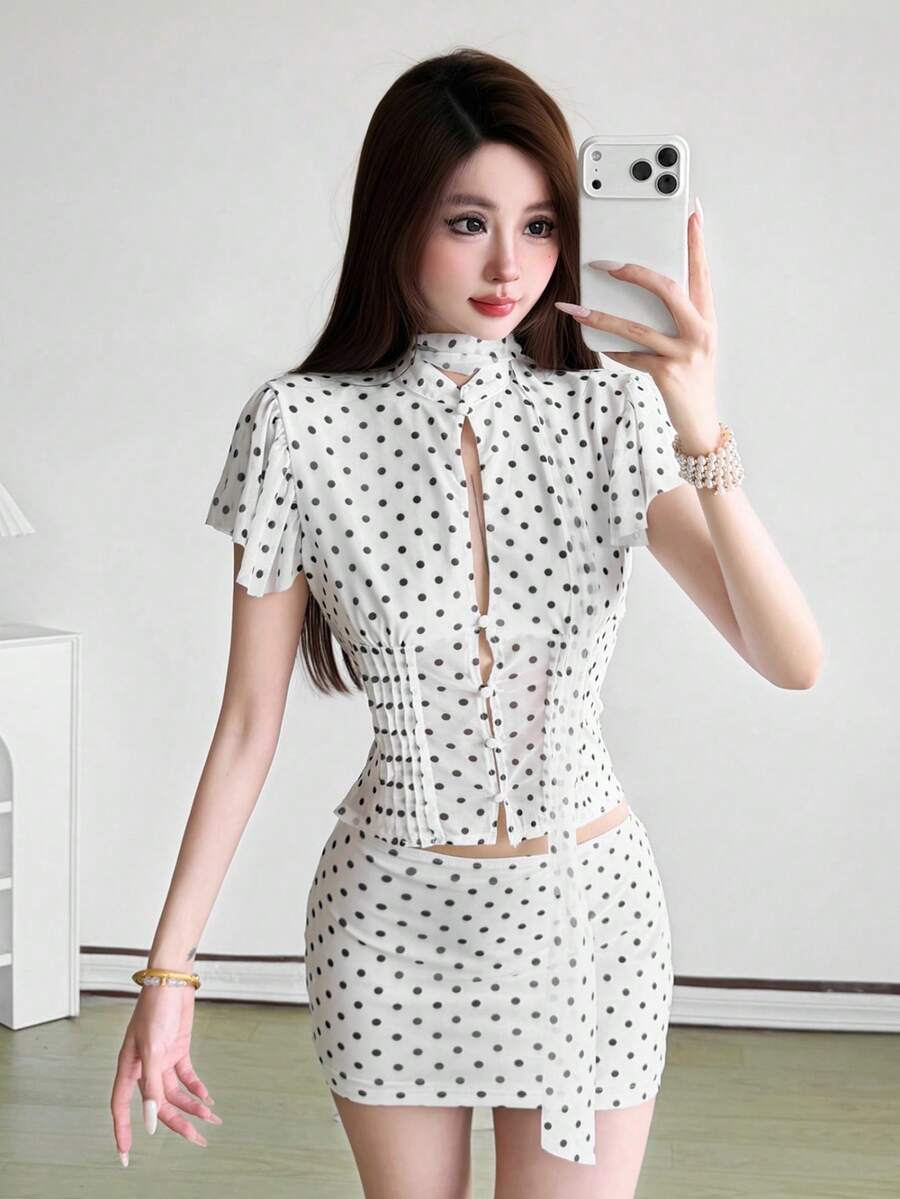 Stylish Women's White Polka Dot Blouse, Short Ruffle Sleeve Top With Mock Neck, Medium Stretch Knitted Fabric - White - View 1
