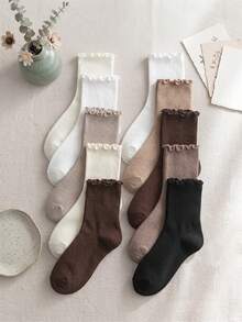 5/10 Pairs Random Neutral Earth Tone Ruffle Mid-Calf Socks, Autumn Daily Socks, Autumn Travel Halloween Soft Casual Socks, Suitable For Students, Halloween Gift - Multicolor - View 3