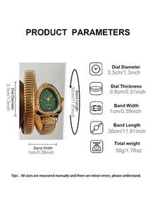 Women's Watch, Vintage Snake Head Design, Rhinestone Bezel, Snake Pattern Dial, Elastic Snake-Shaped Metal Expandable Band, Luxury Gold Quartz Watch, Suitable For Banquet And Daily Wear, Perfect Gift Choice - Green - View 10