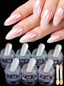 FULL BEAUTY Pó de Unha Aurora 7 Cores com Bastões de Esponja, Pó de Glitter de Unha com Efeito Espelho de Pérola Iridescente Sereia, Pigmento Cintilante Neon para Decoração de Unhas DIY com Gel, Suprimentos para Unhas - Multicolorido - Visão 3